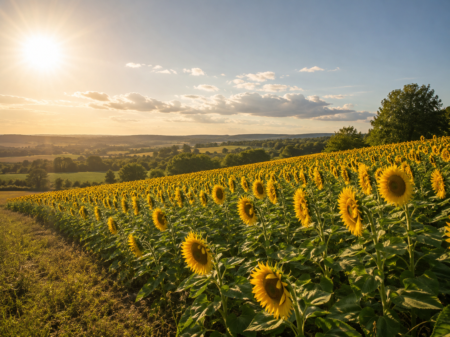 A sunflower field facing the sun
